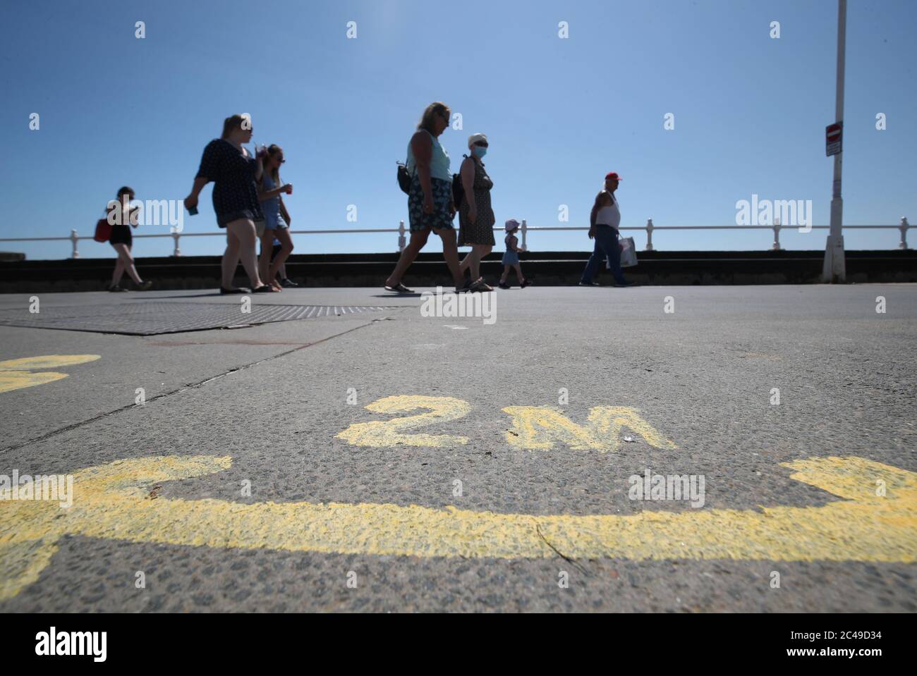 A social distancing sign in Bridlington, East Yorkshire, as Thursday could be the UK's hottest day of the year with scorching temperatures forecast to rise even further. Stock Photo
