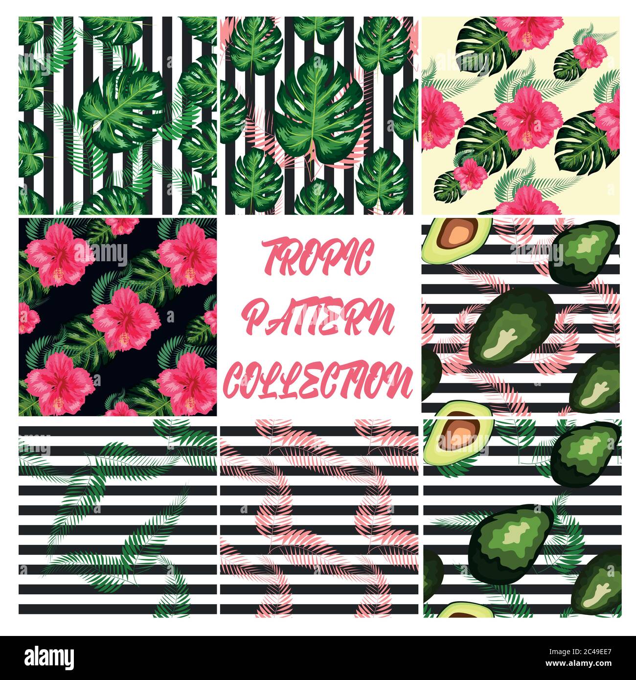 Modern vector seamless pattern with trendy tropical leaves and avocado ...