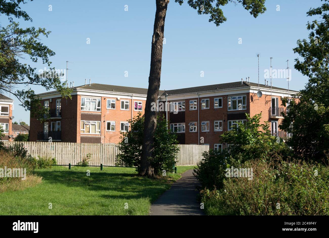 Flats seen from Priory Pools, The Packmores, Warwick, Warwickshire