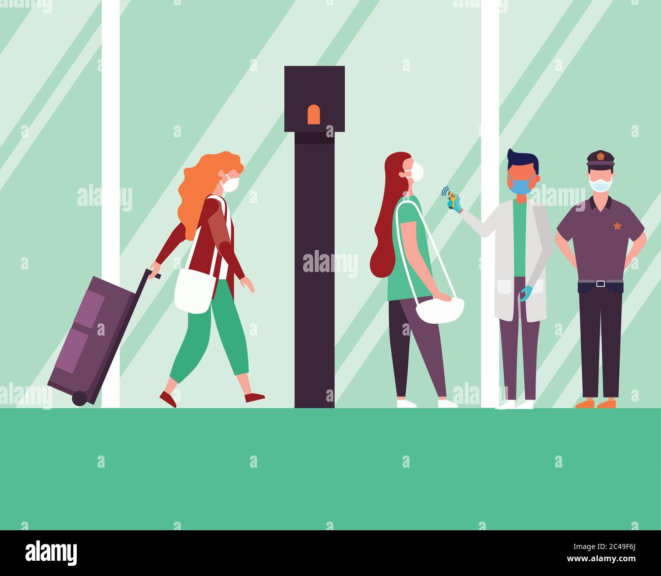 male doctor holding thermometer gun checking people temperature at