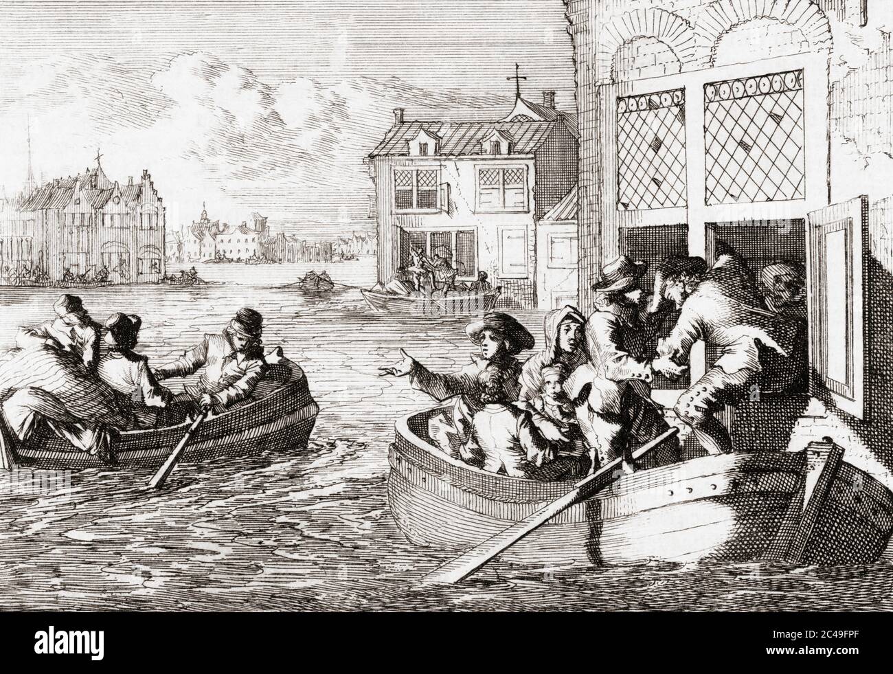 The Paris flood of 1658 when the river Seine rose by 8.62 metres over 10 days.  After a work by Dutch illustrator Caspar Luyken, 1672 - 1708. Stock Photo