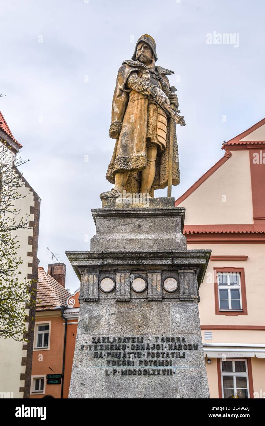TABOR, CZECH REPUBLIC - APRIL 10, 2019: Jan Zizka of Trocnov and Chalice statue. Hussite military leader and Czech national hero. Tabor Main square, Czech Republic. Stock Photo