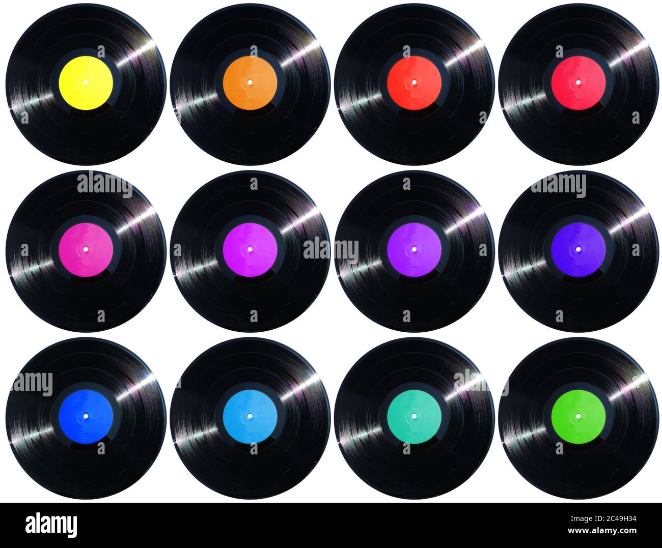 12 vinyl records (1500px height size) and labels in different colors