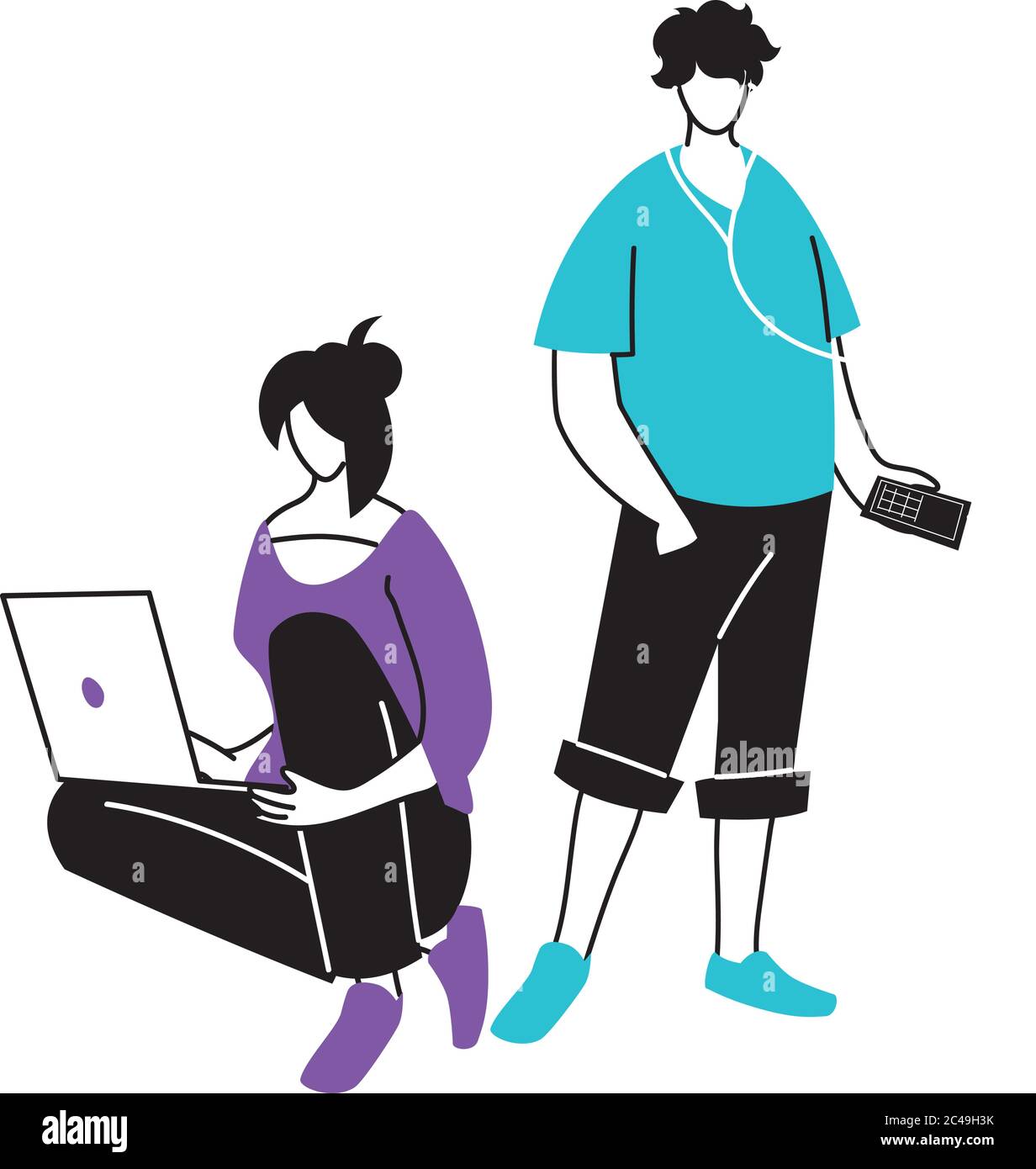 young couple using an electronic device vector illustration design Stock Vector