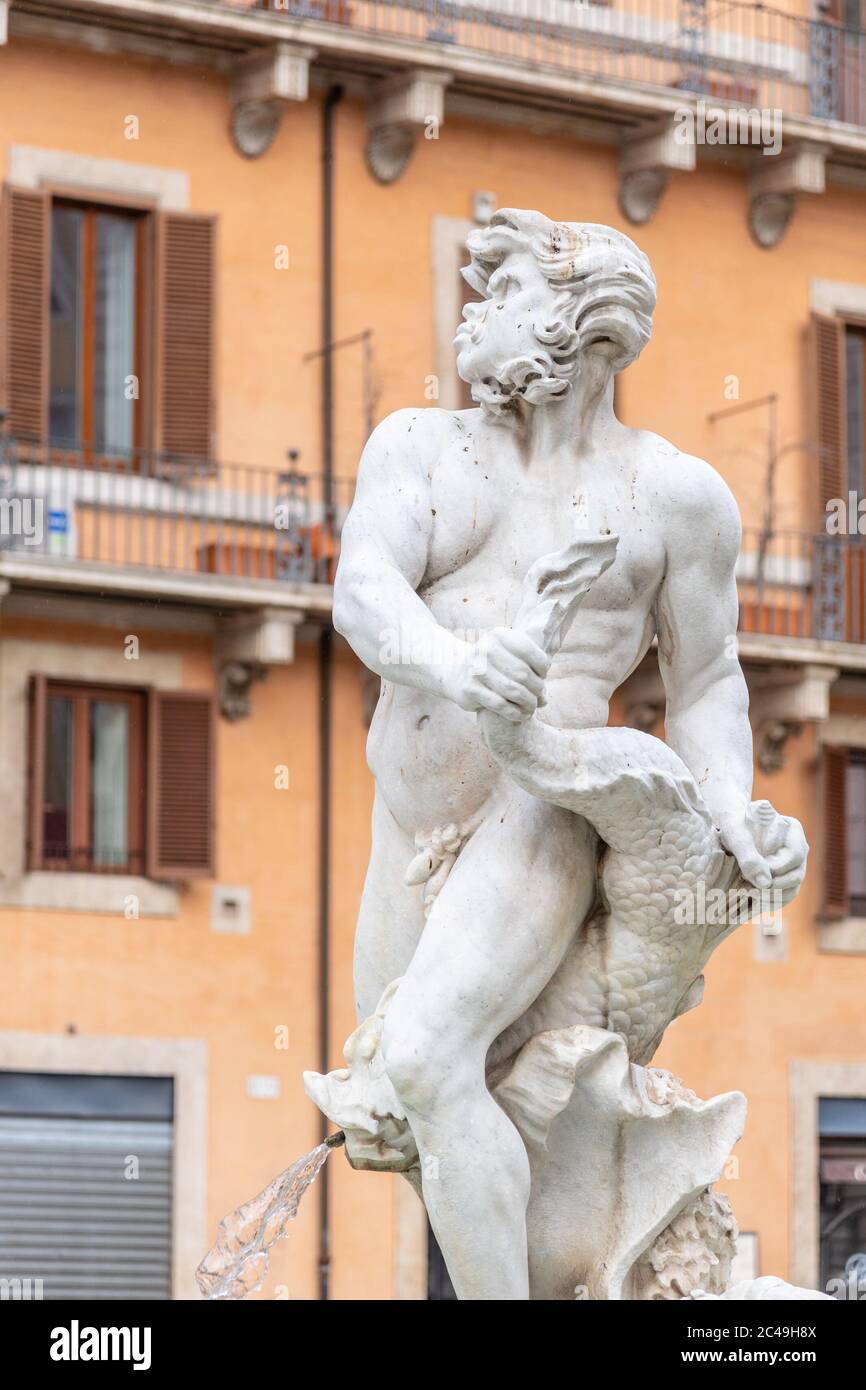 Detailed view of main sculpture of Fontana del Moro, or Moor Fountain, on Piazza Navona, Rome, Italy. Stock Photo