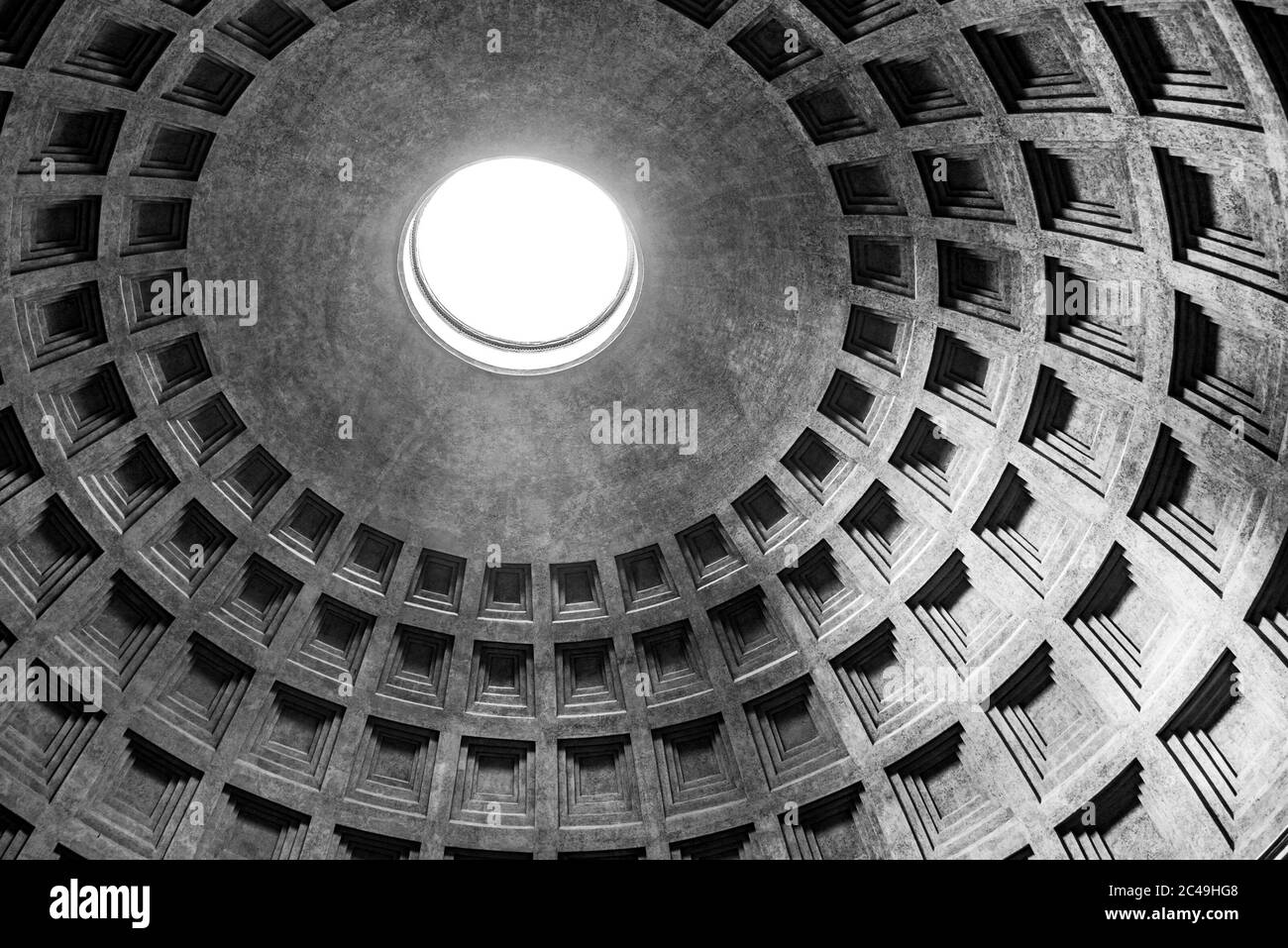 Monumental ceiling of Pantheon - church and former Roman temple, Rome, Italy. Black and white image. Stock Photo