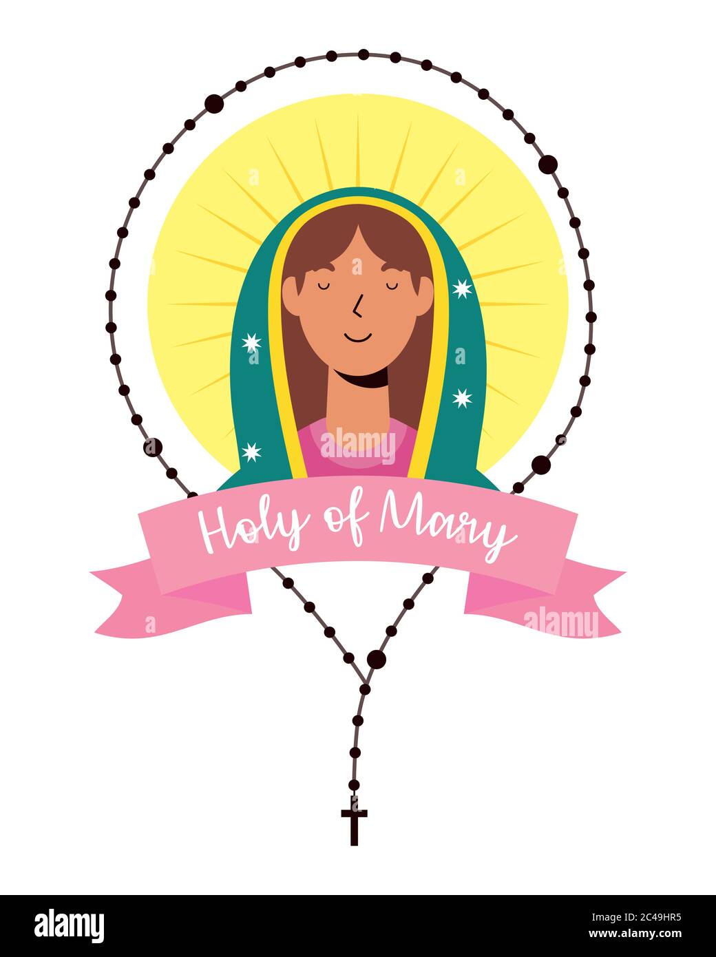 assumption of beautiful mary virgin with rosary and ribbon vector illustration design Stock Vector