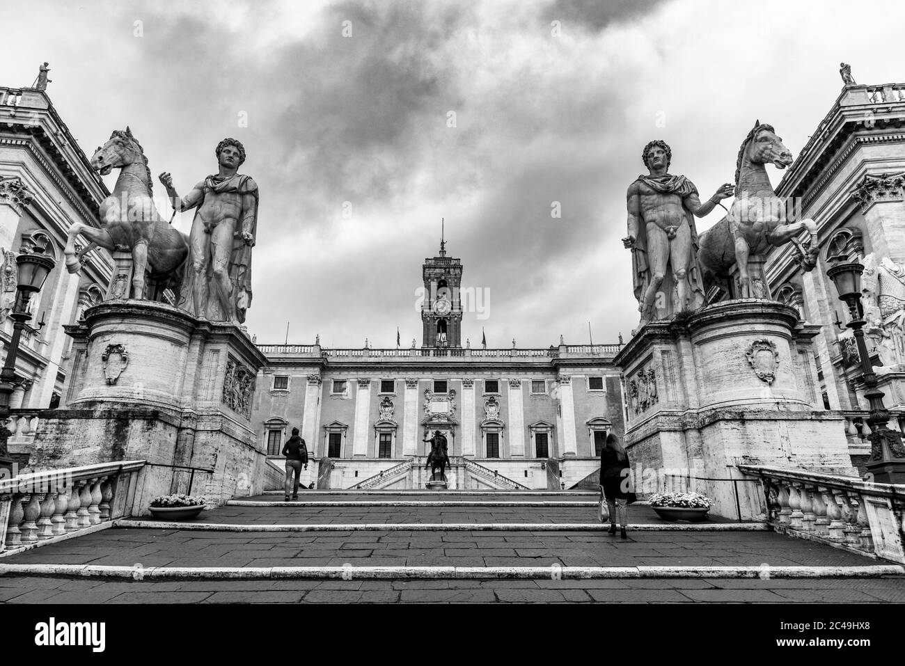 Michelangelo Capitoline Steps to Piazza Campidoglio on Capitoline Hill, Rome, Italy. Black and white image. Stock Photo