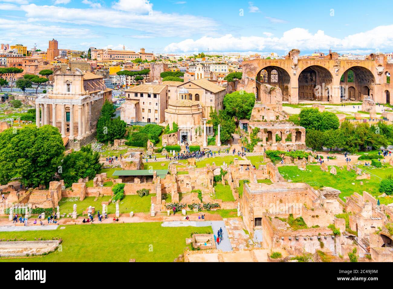 Roman Forum, Latin Forum Romanum, most important cenre in ancient Rome, Italy. Aerial view from Palatine Hill. Stock Photo
