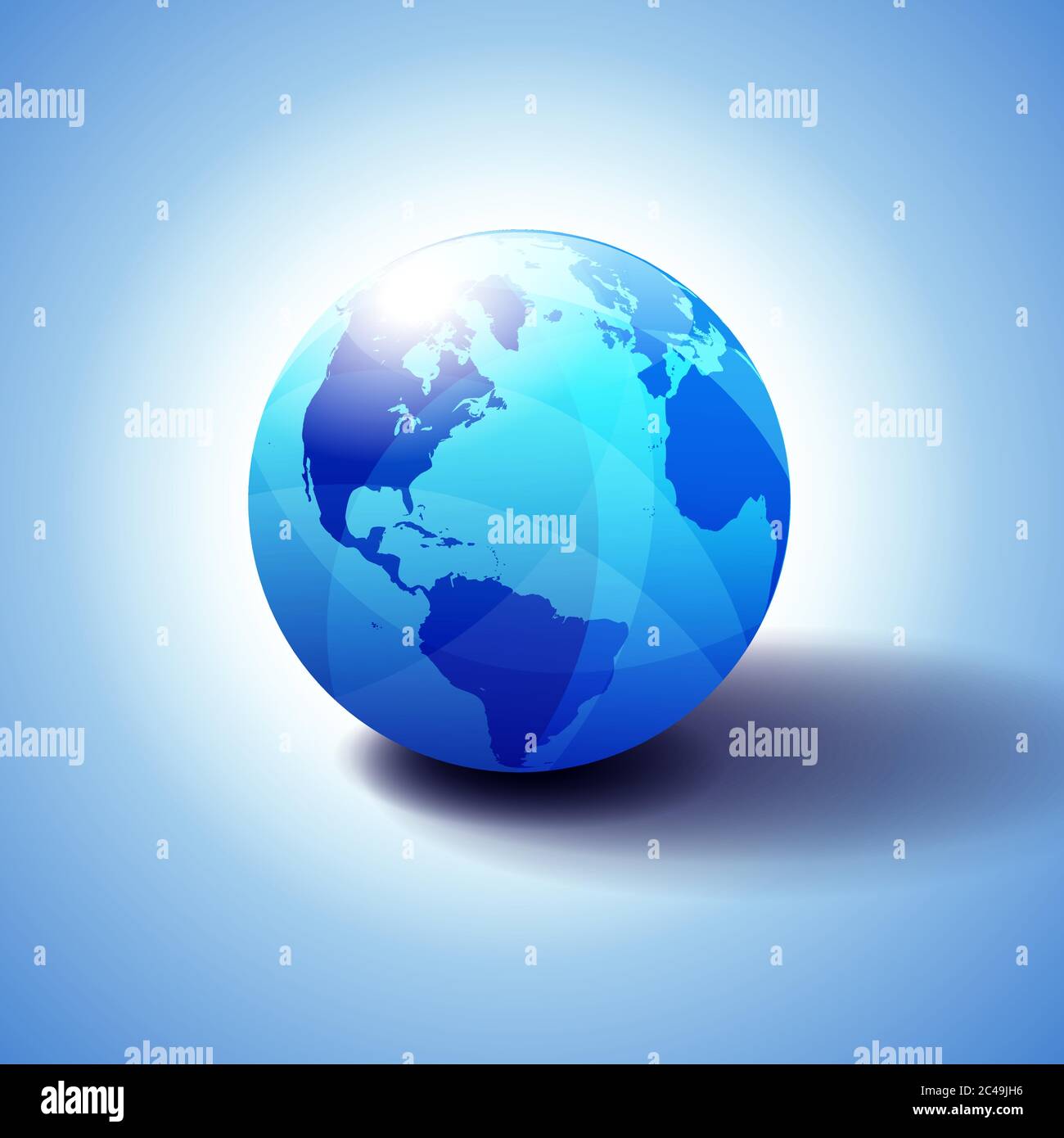 North and South America, Europe, Africa Global World, Globe Icon 3D illustration, Glossy, Shiny Sphere with Global Map in Subtle Blues giving a transp Stock Vector