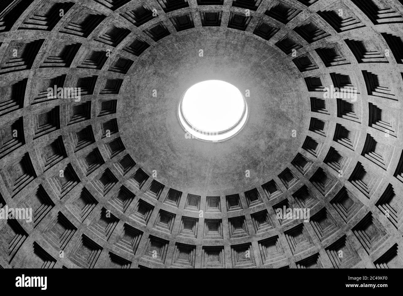 ROME, ITALY - MAY 05, 2019: Monumental ceiling of Pantheon - church and former Roman temple, Rome, Italy. Black and white image. Stock Photo