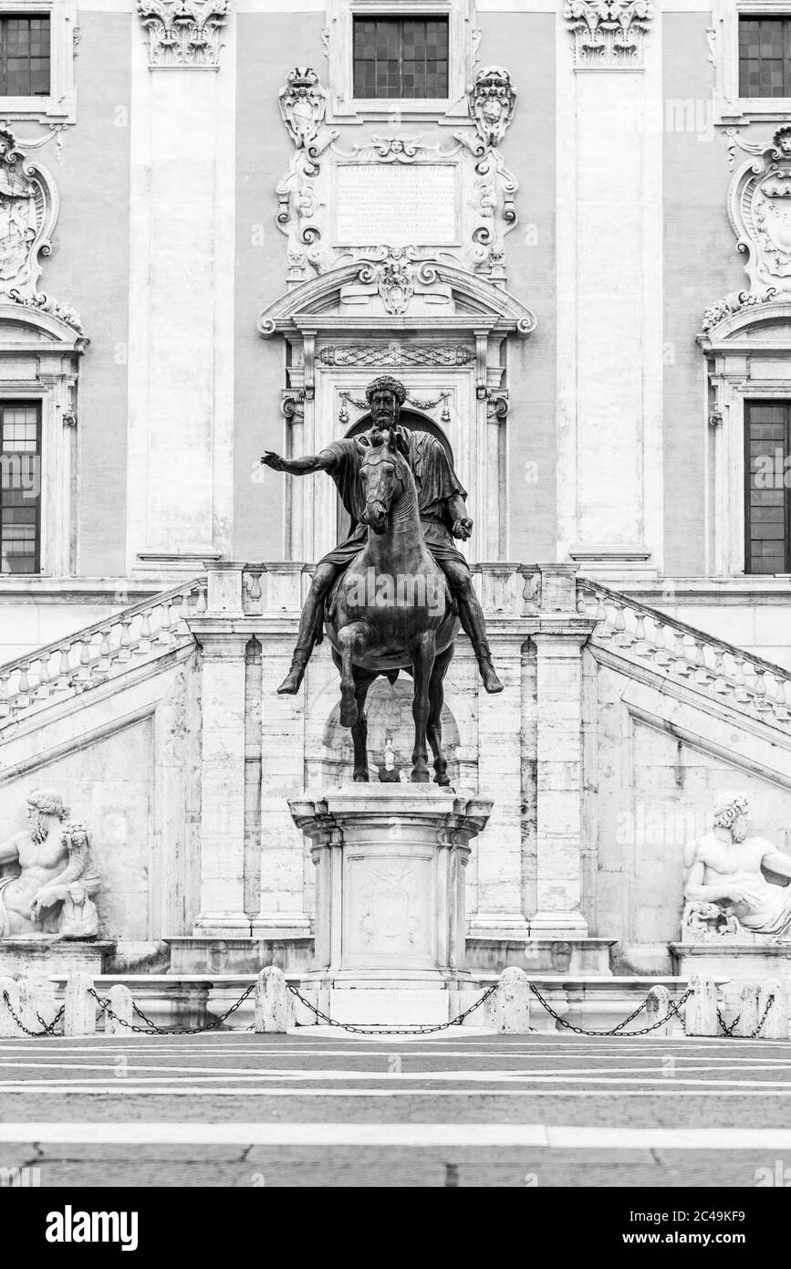 Equestrian statue of Emperor Marcus Aurelius on Piazza del Campidoglio, Capitoline Hill, Rome, Italy. Black and white image. Stock Photo