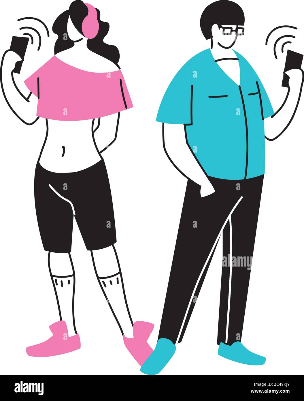 young couple using an electronic device vector illustration design Stock Vector