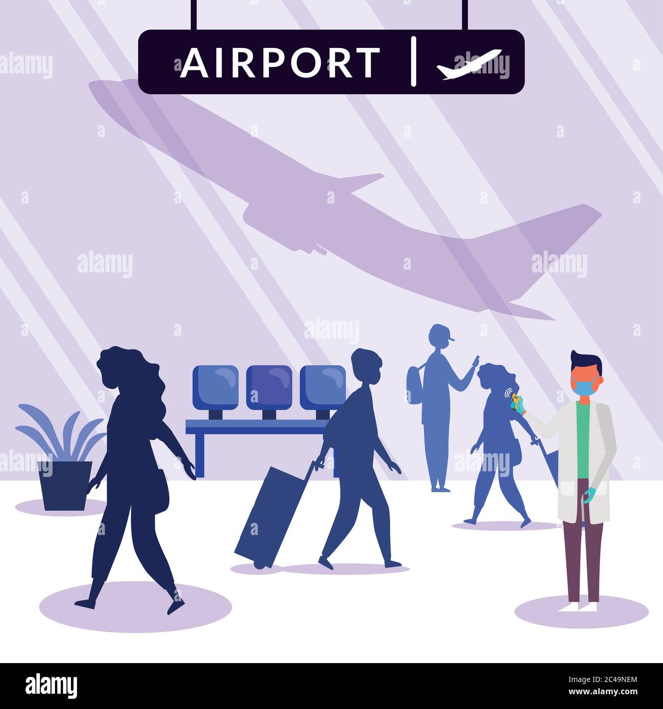 male doctor holding thermometer gun checking people temperature at