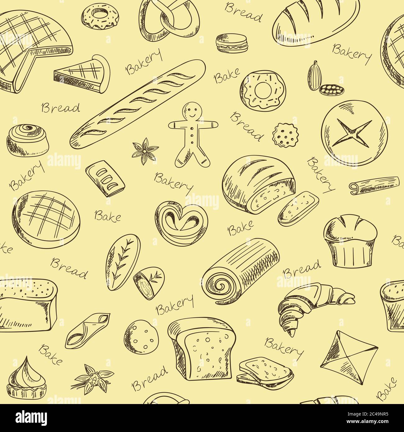 Hand drawn bakery doodles vector seamless pattern Stock Vector