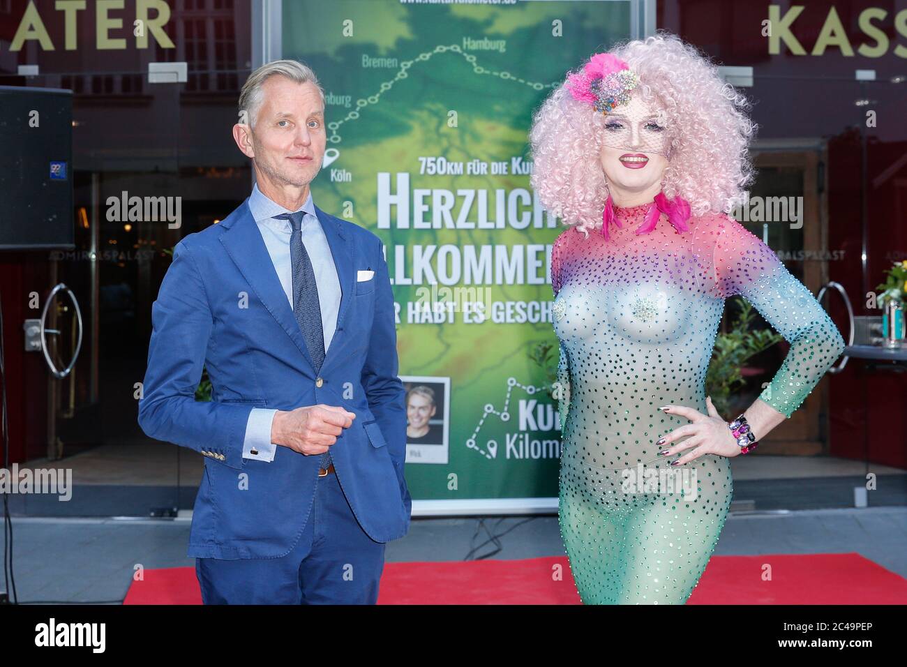 Berlin, Germany. 23rd June, 2020. Max Raabe and Sheila Wolf at the 'KulturKilometer der Zirkus Flic Flac receives Laura and Meik' in the Admiralspalast. Laura and Meik have walked 750 km to draw attention to the needs of private cultural workers. Credit: Gerald Matzka/dpa-Zentralbild/ZB/dpa/Alamy Live News Stock Photo