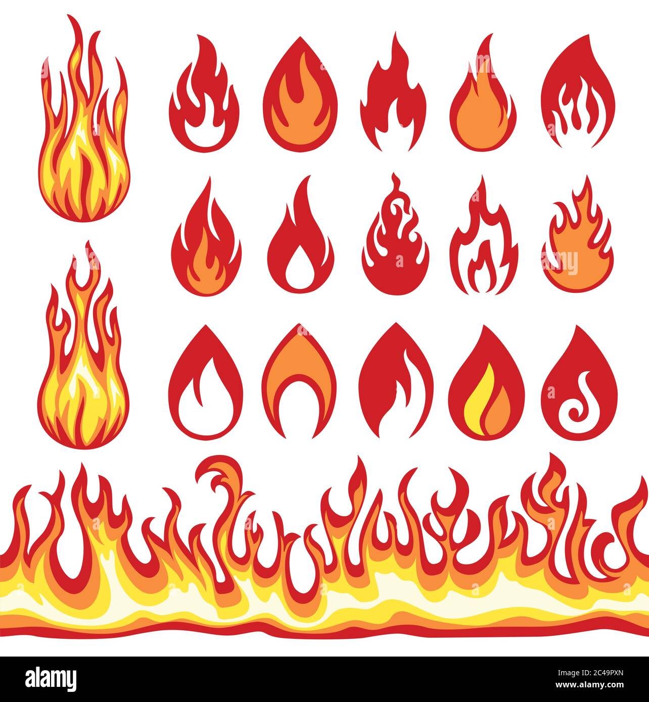 Set of Flame icons. Fire symbols. Vector illustration. Stock Vector
