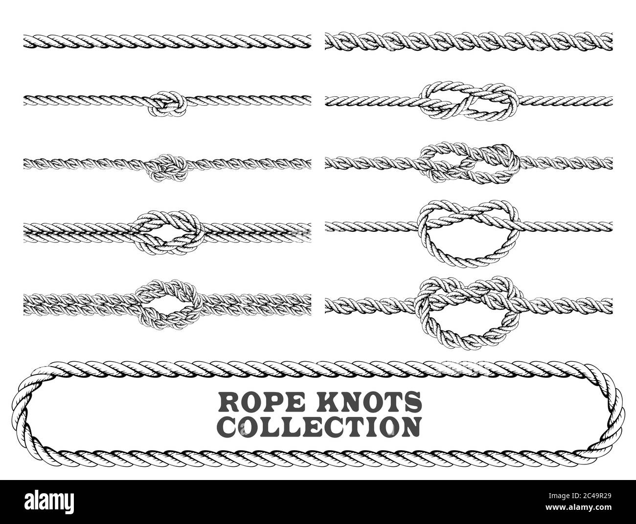 Rope knots collection. Overhand, Figure of eight and square knot. Seamless decorative elements. Vector illustration. Stock Vector