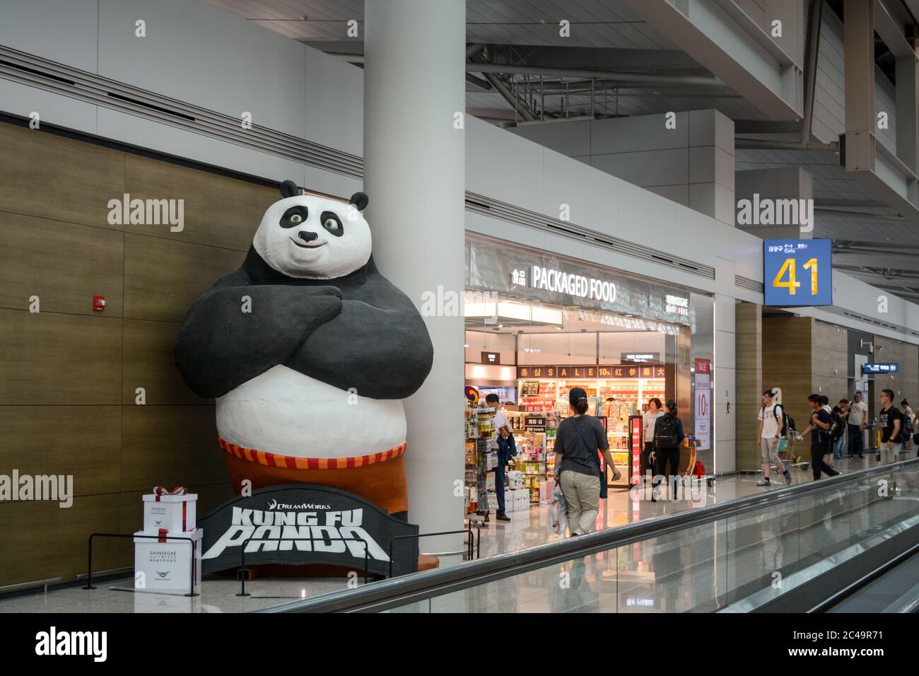 Incheon, South Korea - Airstar Avenue, the World best duty-free shop of Seoul Incheon International Airport. Real size model of Kung Fu Panda. Stock Photo
