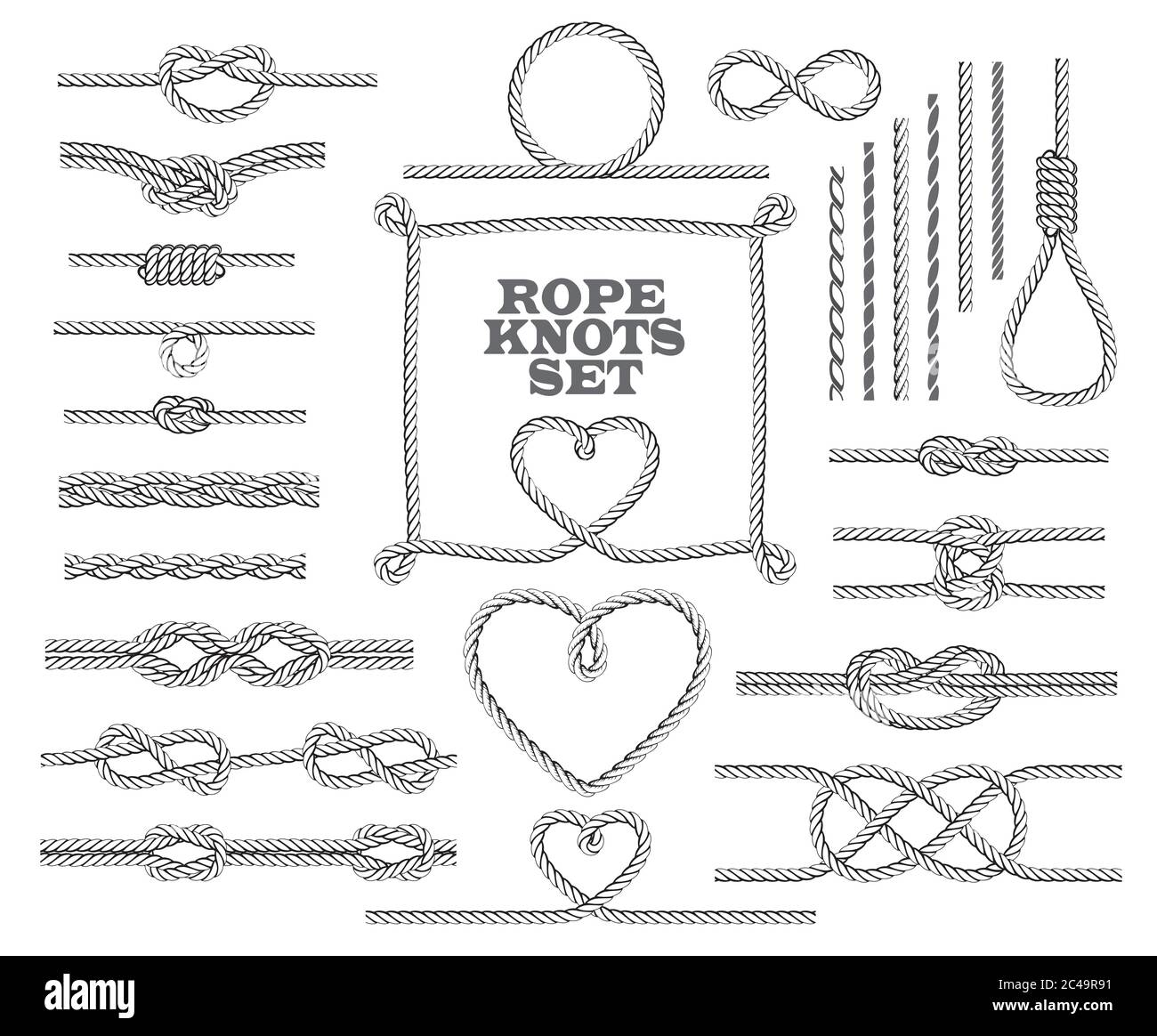Rope knots collection. Seamless decorative elements. Vector illustration. Stock Vector