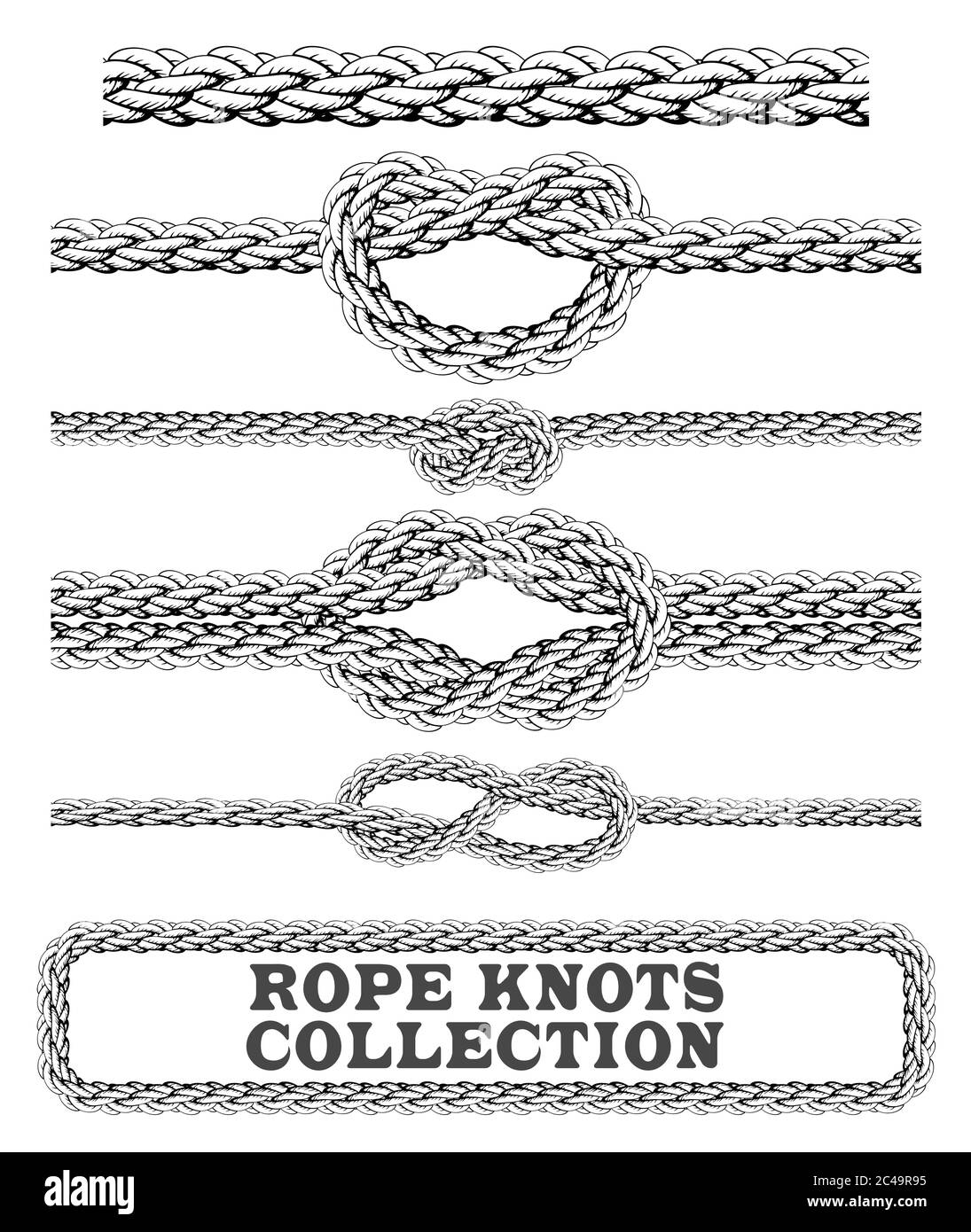 Rope knots collection. Overhand, Figure of eight and square knot. Seamless decorative elements. Vector illustration. Stock Vector