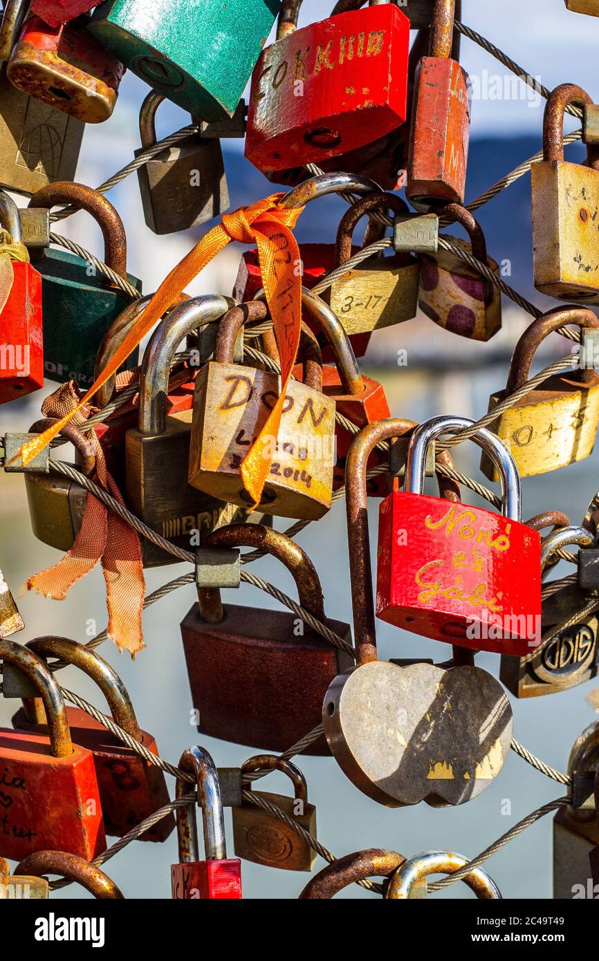 Salzburg, Austria - March 5, 2017: View of Love Locks on Makartsteg Bridge on Salzach River Stock Photo