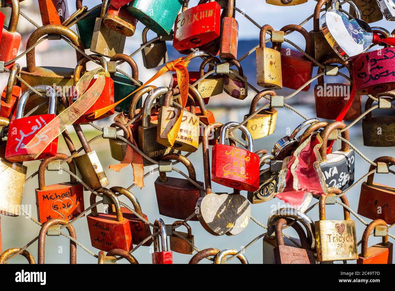 Salzburg, Austria - March 5, 2017: View of Love Locks on Makartsteg Bridge on Salzach River Stock Photo