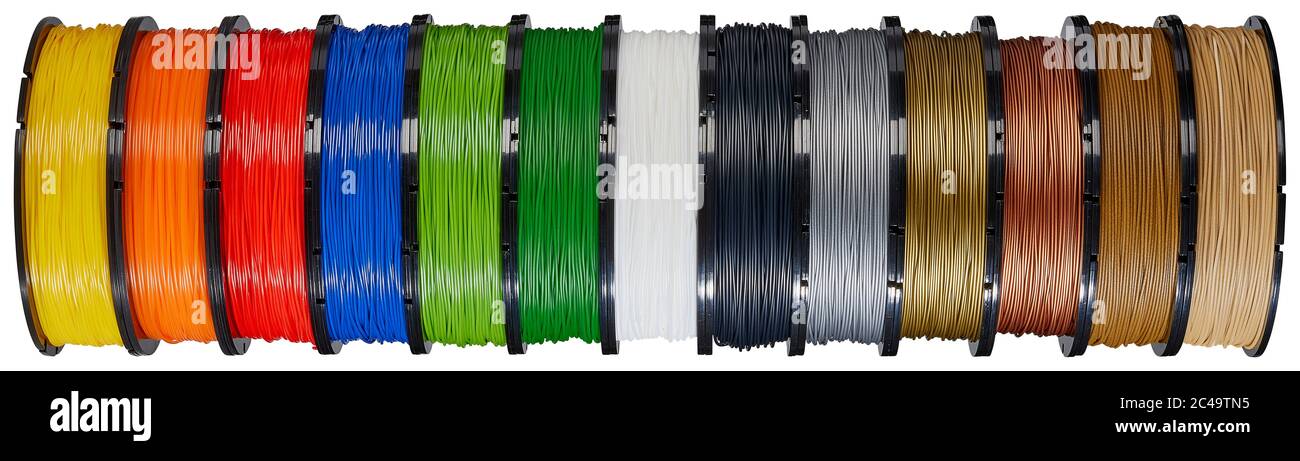 Multicolor 3D printer filaments in a row on white background Stock Photo