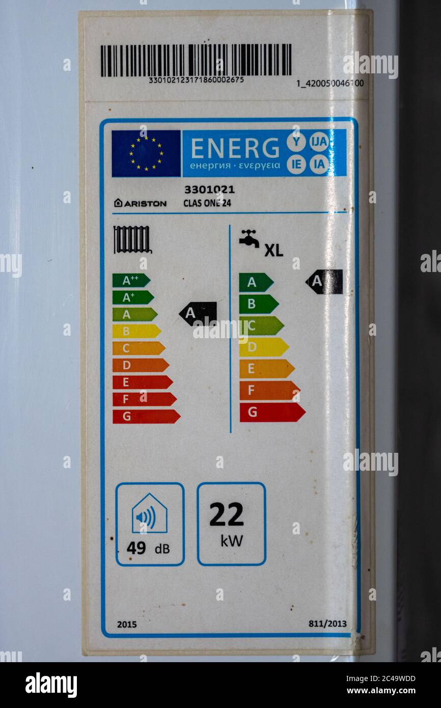 European Union energy label, close up isolated on a central heating. Bucharest, Romania, 2020 Stock Photo