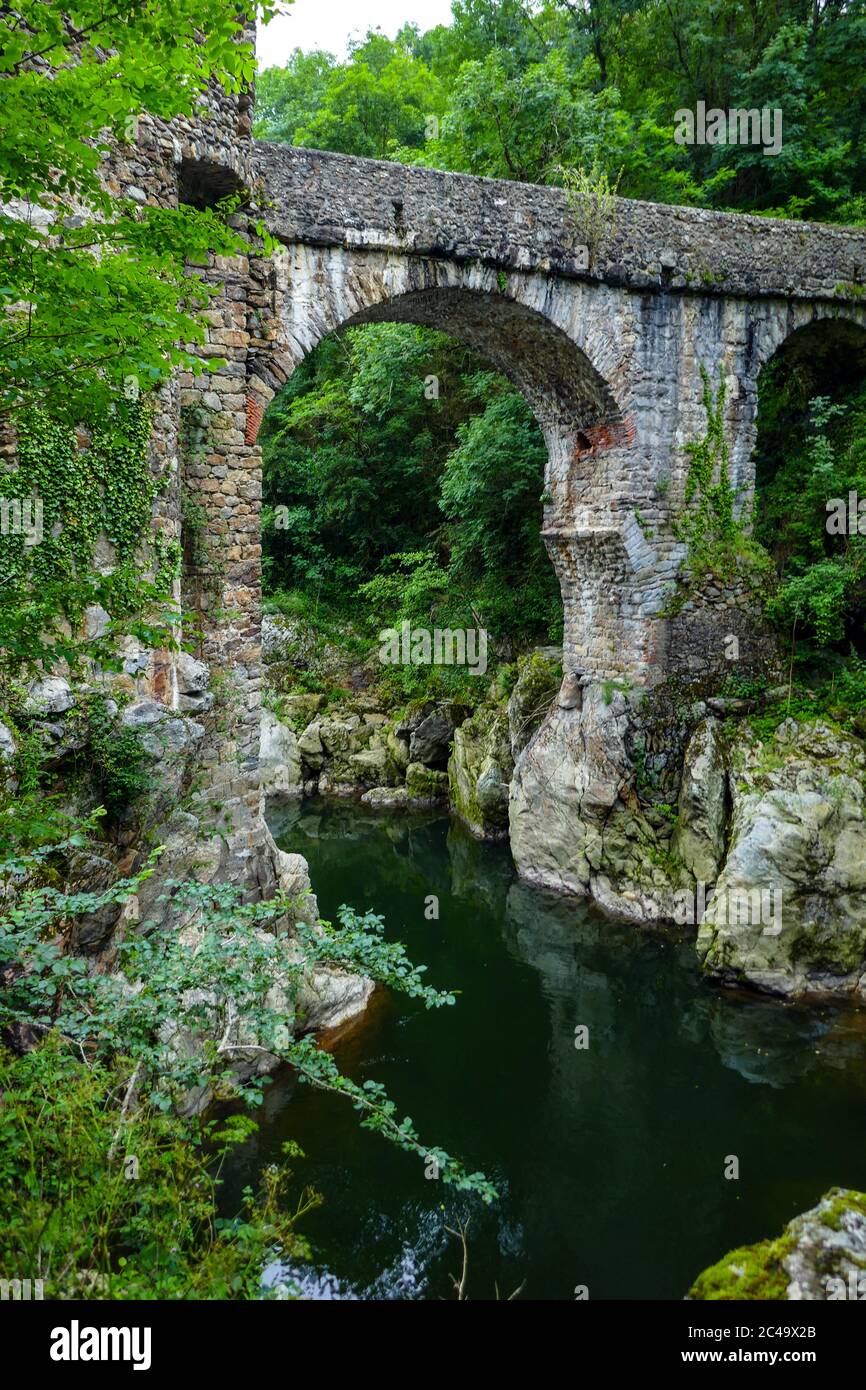 Pont du Diable old bridge across the Ariege River, French Pyrenees