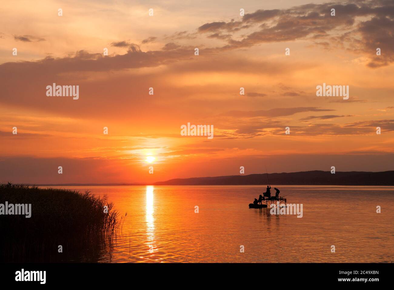 Beautiful sunset over Lake Balaton with silhouettes of anglers an reed  Stock Photo - Alamy
