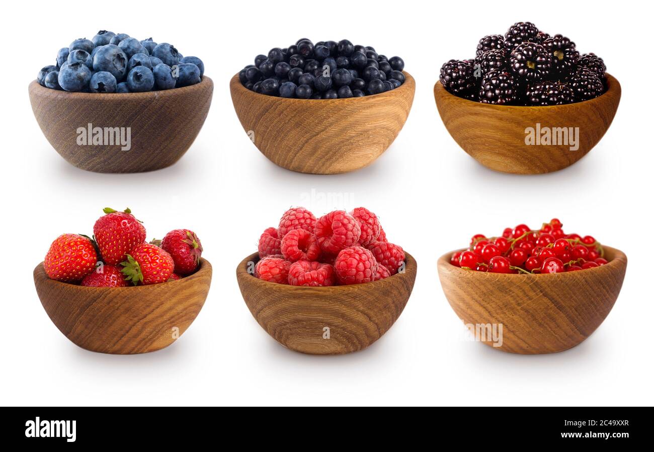 Black-blue and red berries isolated on white background. Collage of different fruits and berries. Blueberry, bilberry, blackberry, strawberry, red cur Stock Photo
