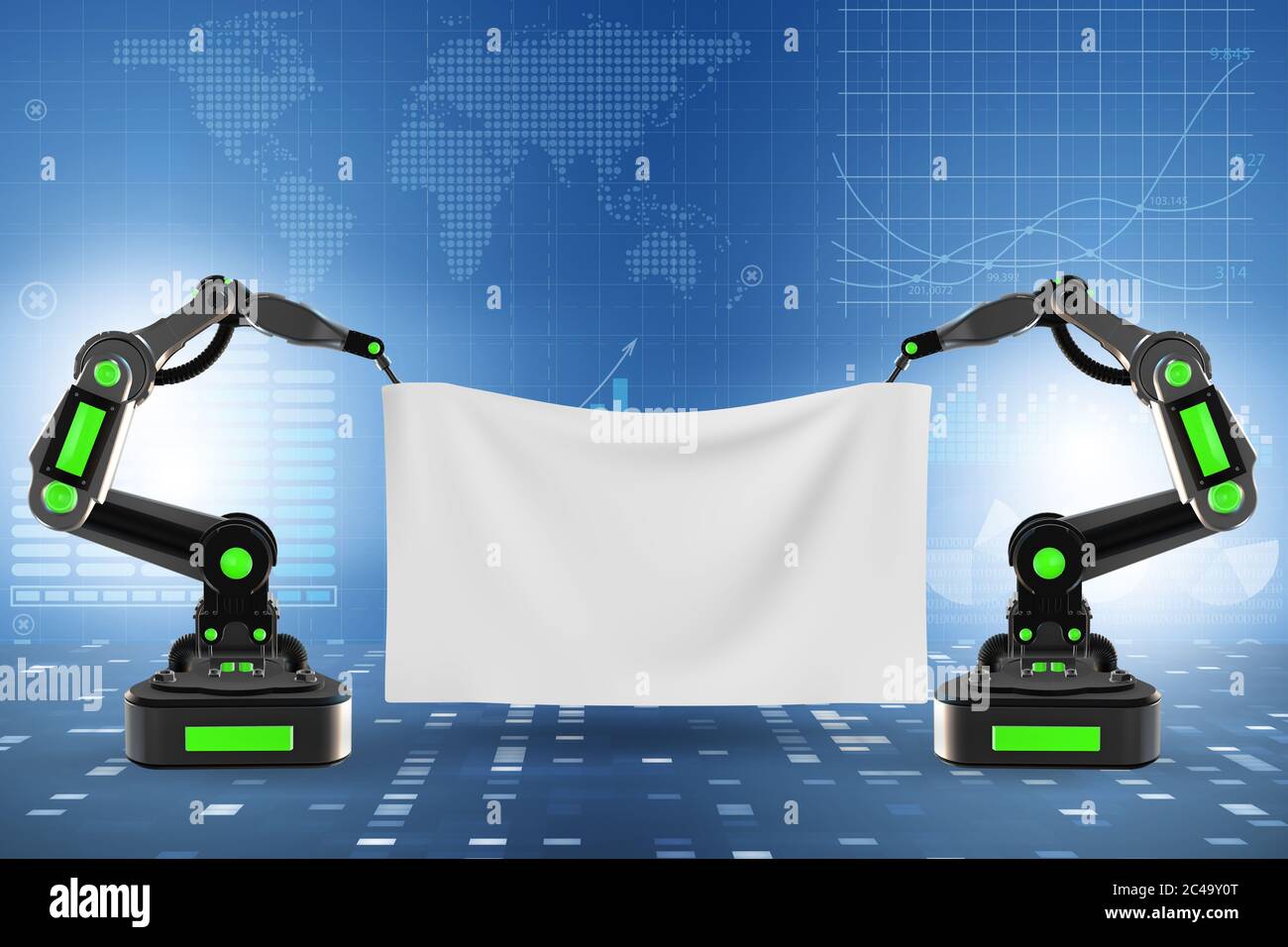 Blank poster supported by the robotic arms Stock Photo