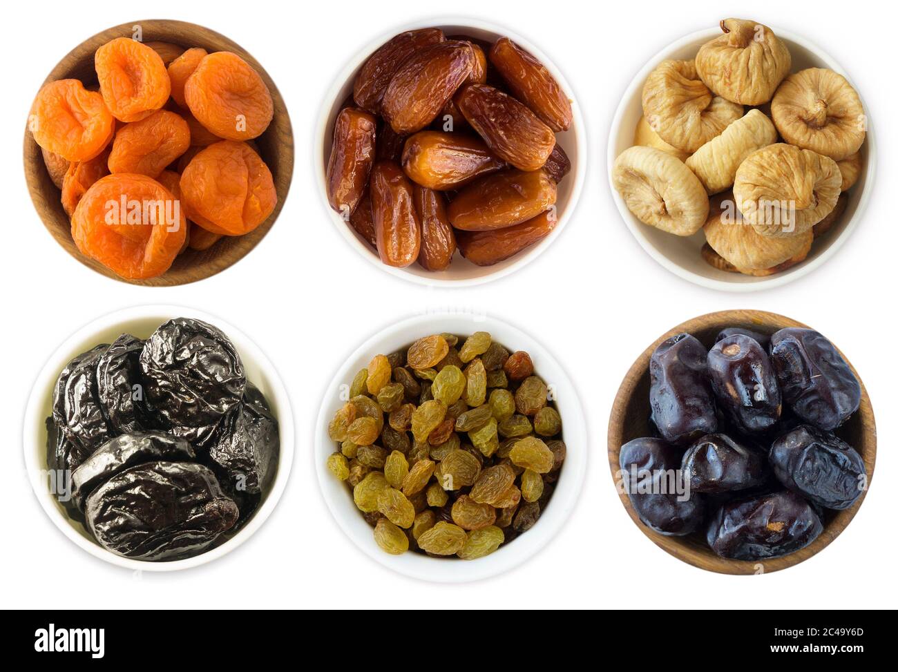 Collage of different dried fruits. Dried prunes, dried apricots, raisins, dates, figs isolated
