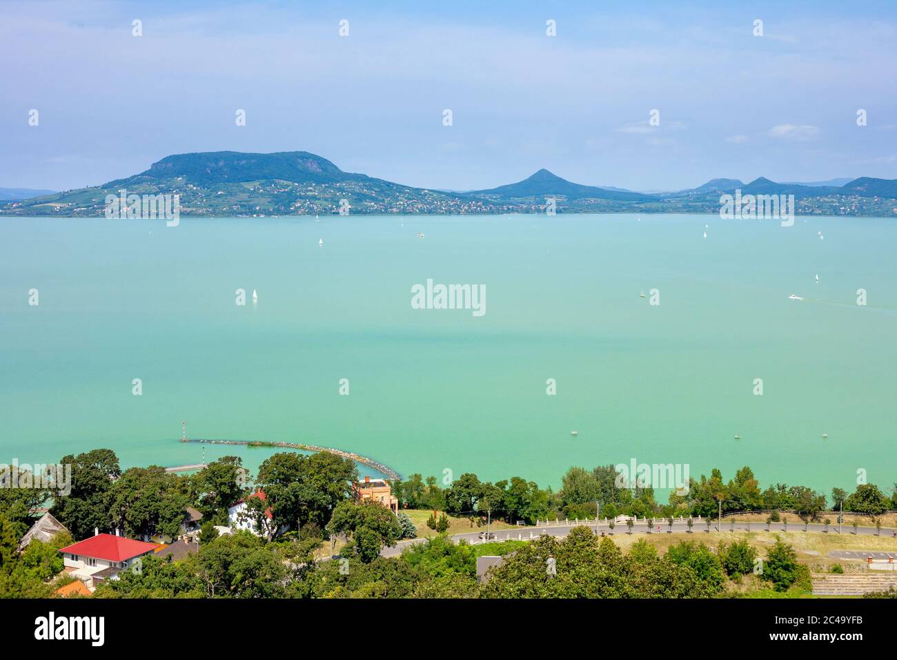 Panoramic view of lake Balaton with the Badacsony mountains in Hungary  Stock Photo - Alamy