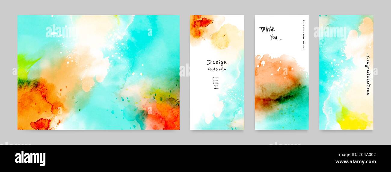 Set of Hand-painted Watercolor Card Layouts and Poster. Suitable for use as a card; greeting, invitation, cover, booklet, brochure, or poster. Stock Vector