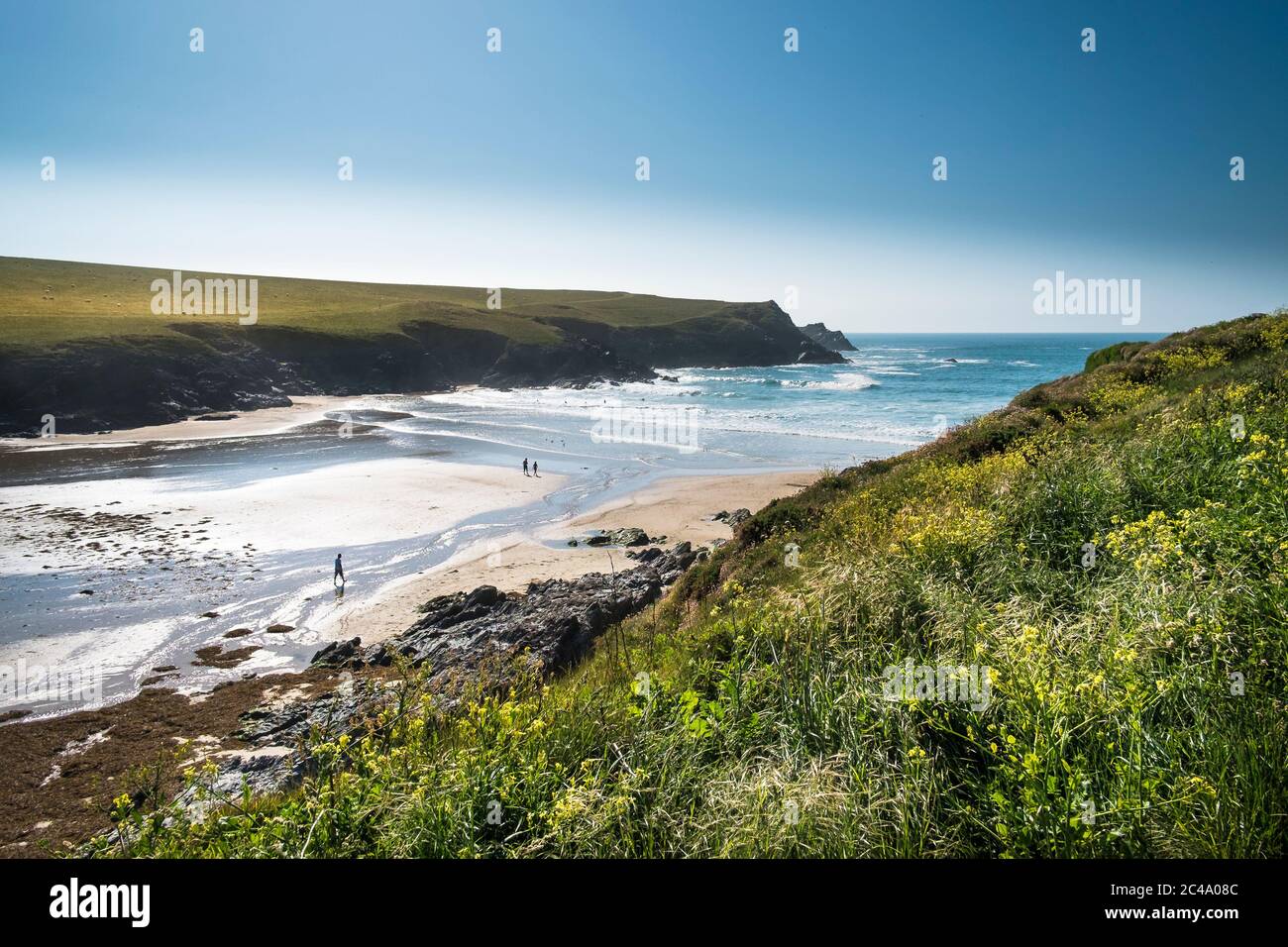 Low tide at the secluded Polly Porth Joke beach in Newquay in Cornwall