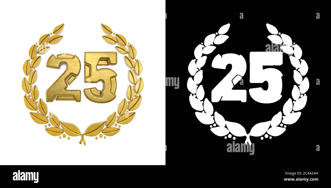 Gold number 25 (number twenty-five) with laurel branch with alpha ...