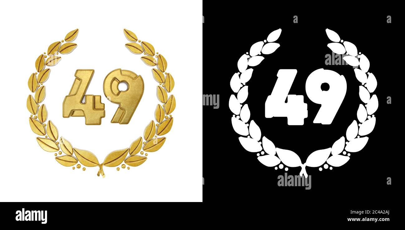Gold number 49 (number forty-nine) with laurel branch with alpha channel. 3D illustration Stock Photo