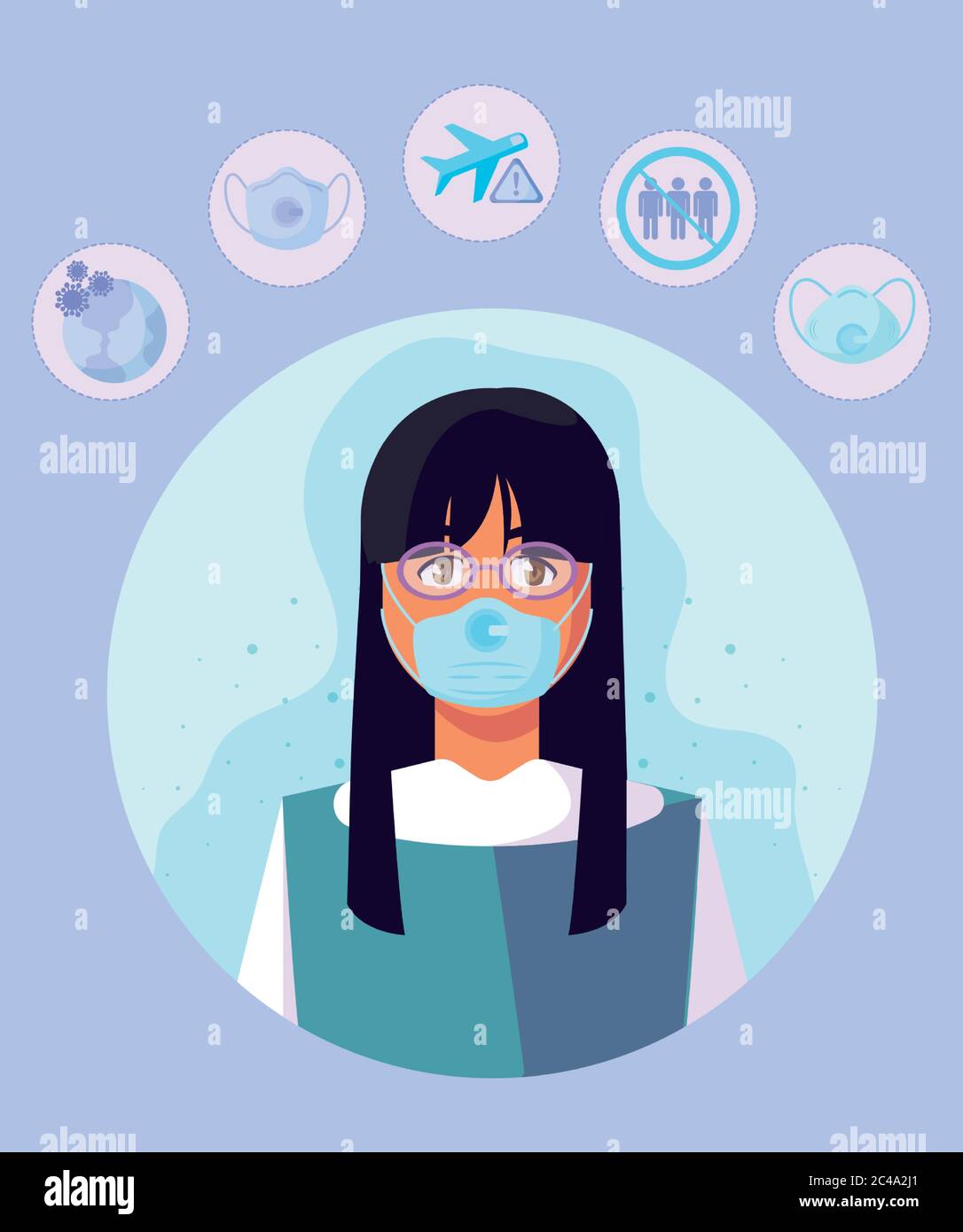 woman with mask and icon set design of medical care and covid 19 virus