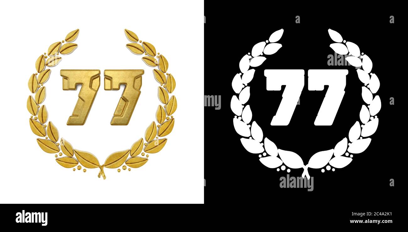 Gold number 77 (number seventy-seven) with laurel branch