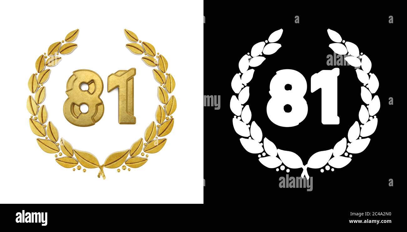 Gold number 81 (number eighty-one) with laurel branch with alpha channel. 3D illustration Stock Photo