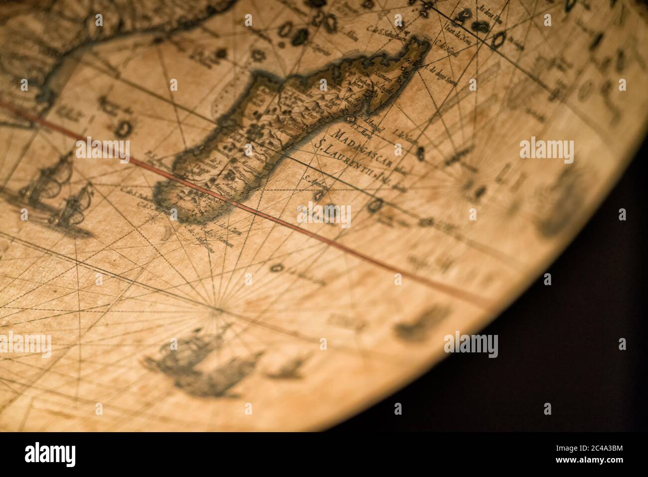 A beautiful old globe made in 17th century showing the islands of Madagascar, Reunion, Mayotte and Comoros. Parts of Mozambique are also shown. Stock Photo