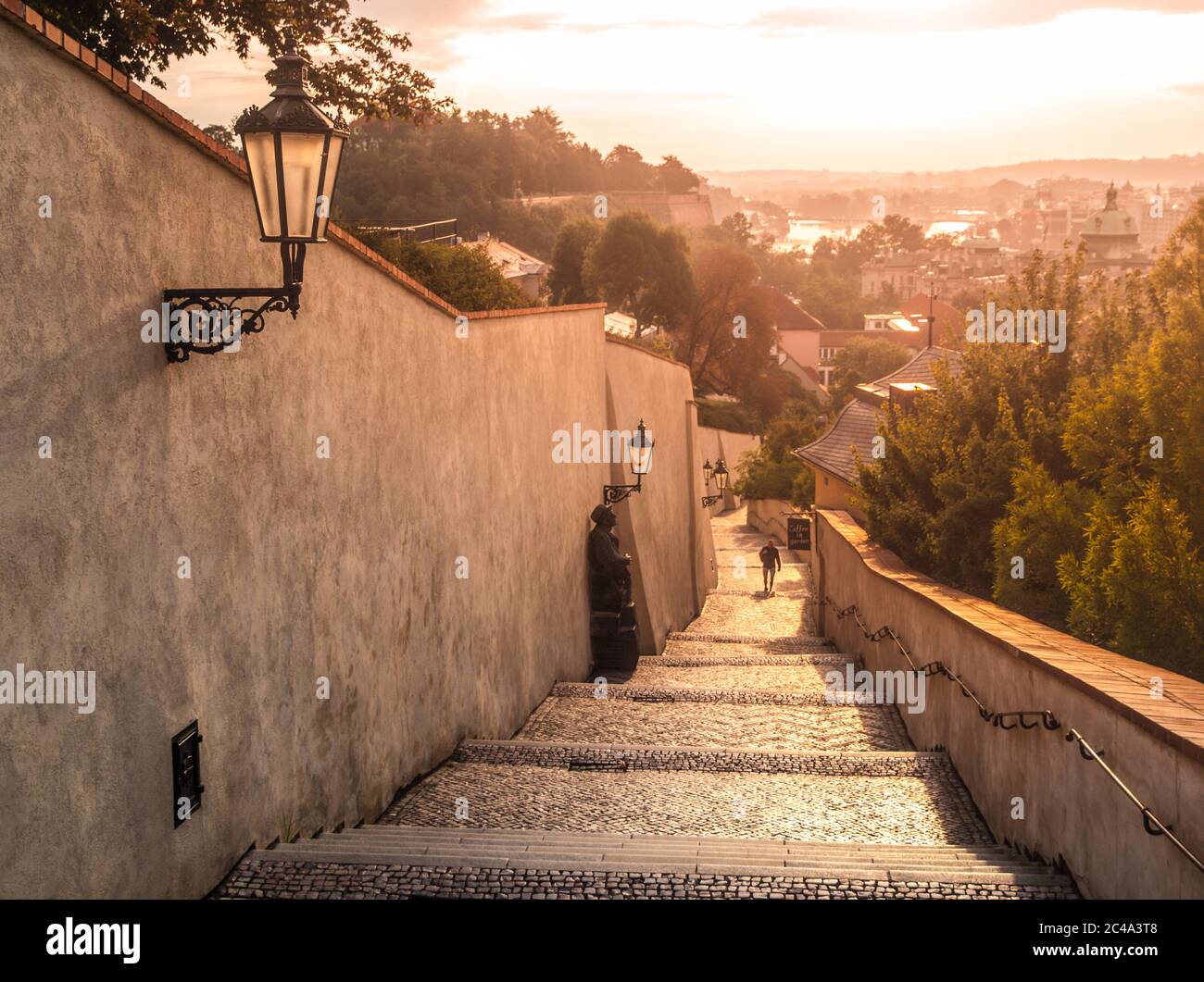 Old Castle Stairs on Prague Castle. Medieval stairway with vintage lamps, Prague, Czech Republic
