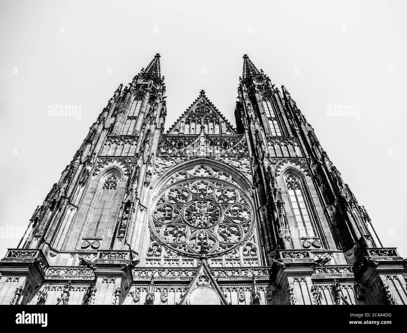 Front view of St. Vitus cathedral in Prague Castle, Prague, Czech Republic. Black and white image. Stock Photo