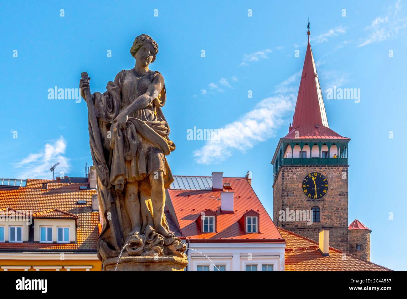 Fountain statue and Valdice Gate, or Valdicka brana, in Jicin, Czech Republic Stock Photo