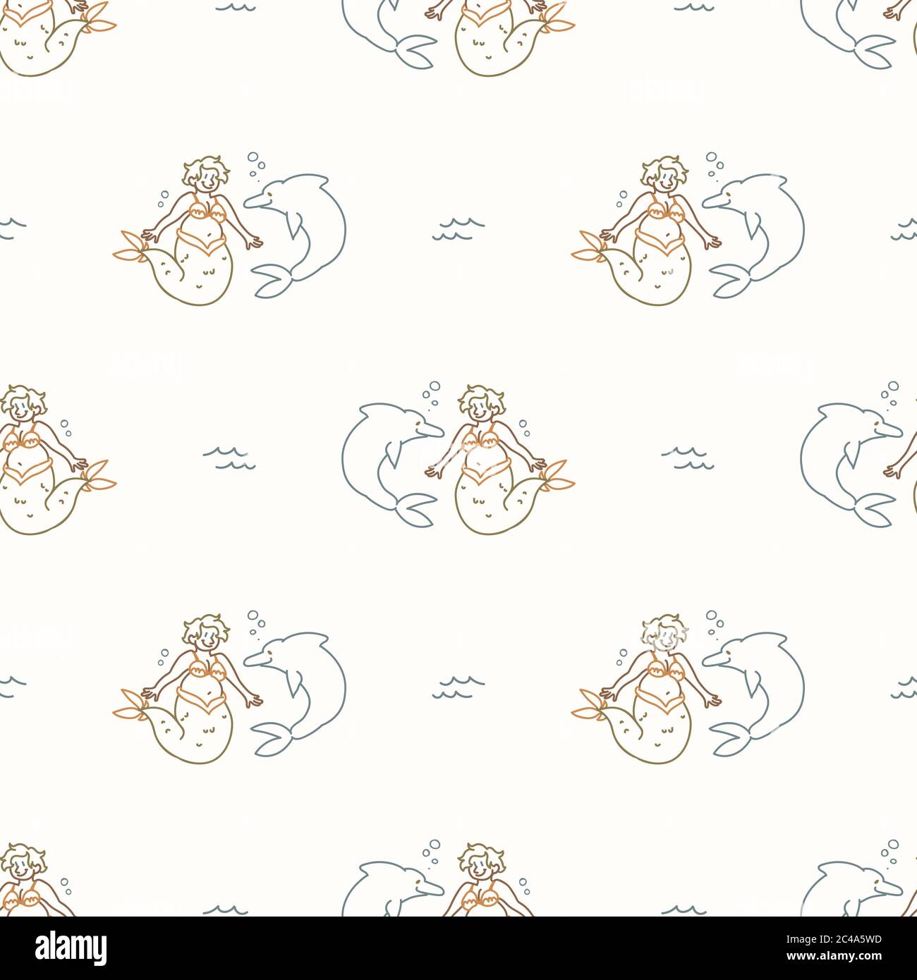 Seamless background mermaid and dolphin gender neutral baby pattern. Simple whimsical minimal earthy color. Kids nursery wallpaper or boho cartoon Stock Vector