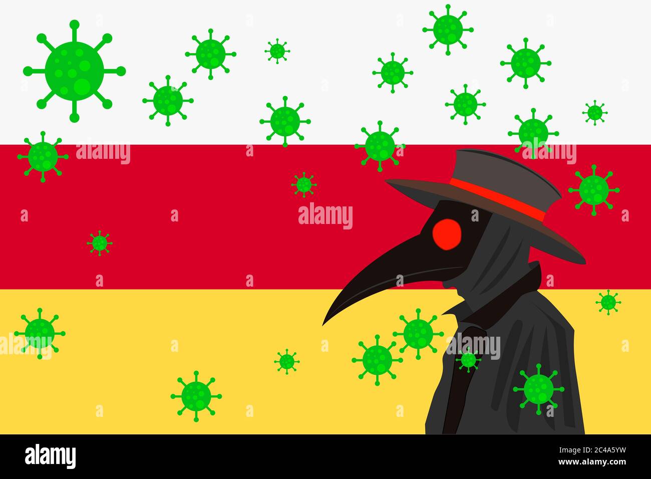 Black plague doctor surrounded by viruses with copy space with OSETIA flag. Stock Photo