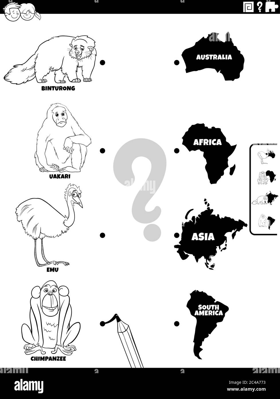 Black and White Cartoon Illustration of Educational Matching Game for Children with Wild Animal Species Characters and Continent Shapes Coloring Book Stock Vector