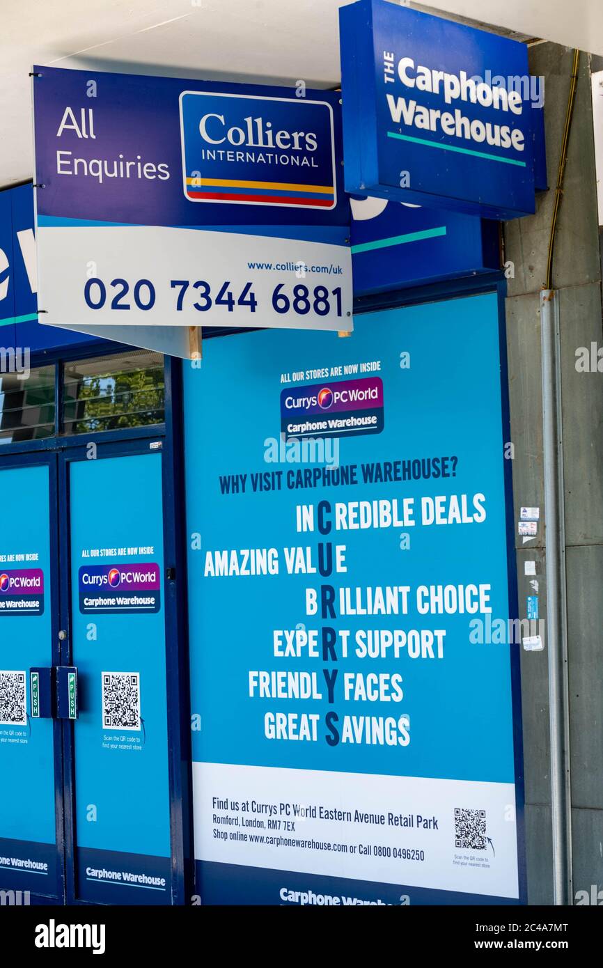 Brentwood Essex 25th June 2020 UK phone retailer Carphone Warehouse has closed its 531 standalone stores, including this one in Brentwood, Essex Credit: Ian Davidson/Alamy Live News Stock Photo